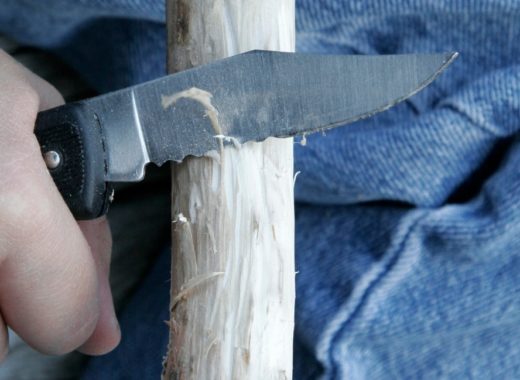 A boy uses a pocket knife for kids to cut a stick.