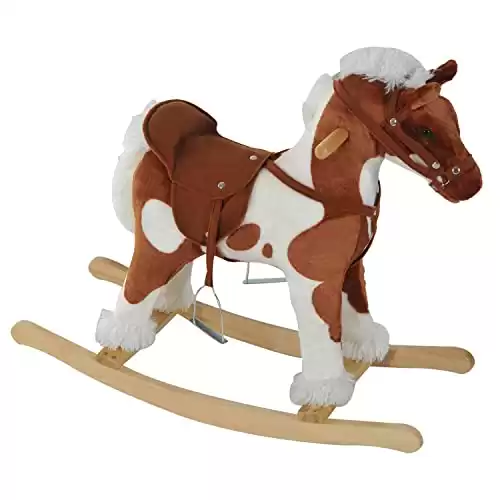 Qaba Wooden Toddler Rocking Horse, Kids Plush Rocking Chair Toy with Nursery Rhyme Music Brown