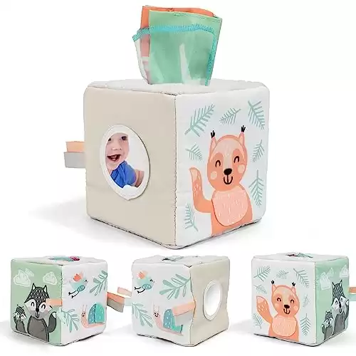 Fun Baby Tissue Box with Stimulating Mirror For Endless Entertainment - Soft Montessori Toy w/ Crinkle Paper & Fabric Tissues - The Perfect Sensory Toy For Newborn/Infant Development From 6-12+ Mo...