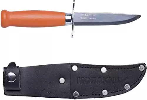 Morakniv Classic Scout 39 Safe Knife with Sandvik Stainless Steel Blade and Leather Sheath, 3.3-Inch, Orange