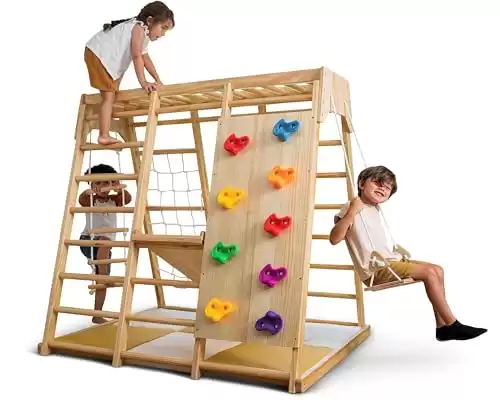 Avenlur Magnolia Indoor Playground 6-in-1 Jungle Gym Montessori Waldorf Style Wooden Climber Playset Slide, Rock Climbing Wall, Rope Wall Climber, Monkey Bars, Swing for Toddlers, Children Kids 2-6yrs