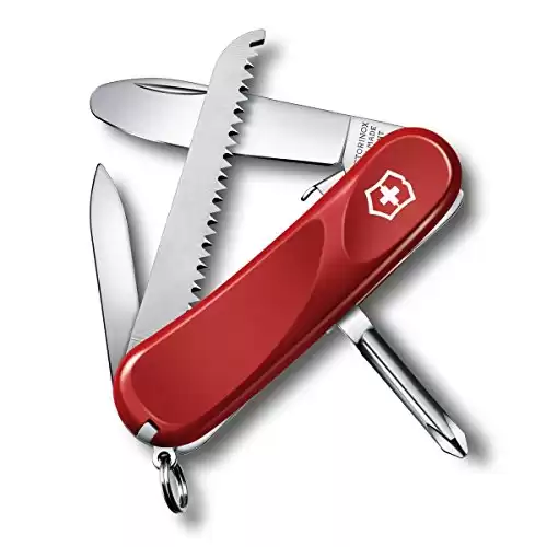 Victorinox Junior 09 Kids Swiss Army Knife, 8 Function Swiss Made Pocket Knife with Rounded Tip Blade and Wood Saw Red