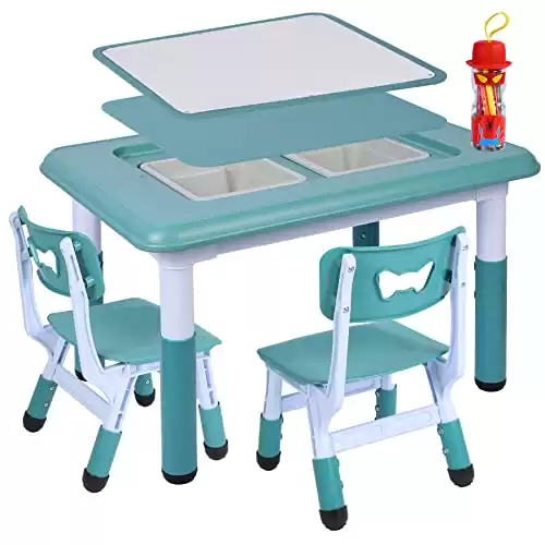 RedSwing Double-Sided Kids Activity Table, Multi Drawing Table and Chair Set with 2 Chairs for Toddlers, Plastic Height Adjustable Play Table