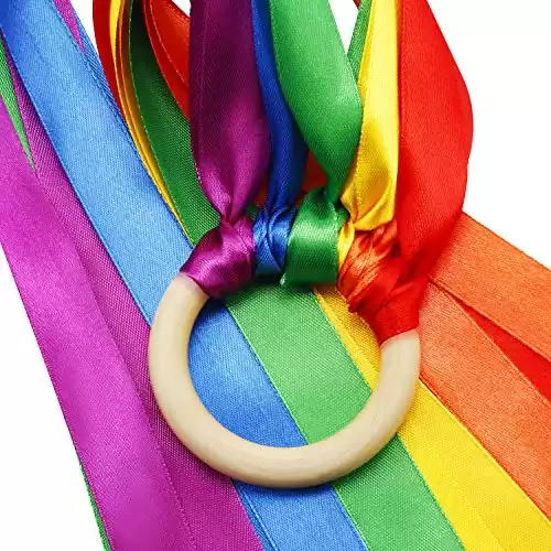 WILLBOND 3 Pieces Rainbow Hand Kite Ribbon Wrist Ribbons, Ribbon Wind Wand Dancing Ribbon Streamer with Wood Ring Learning Sensory Educational Toys for Birthday Party Favors (Fresh Color)