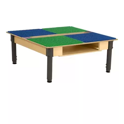 Contender Time-2-Play 35" W Square Build & Learn Compatible with Duplo Table with Trough & Shelf (with Gliders, Blue & Green, 12 -17 Adjustable Legs)