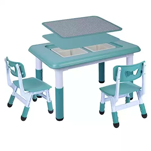 RedSwing Kids Table and 2 Chairs Set, Height Adjustable Table and Chair Set,3 in 1 Multi Activity Building Block Table with 2 Chairs, Storage Bins, Blue