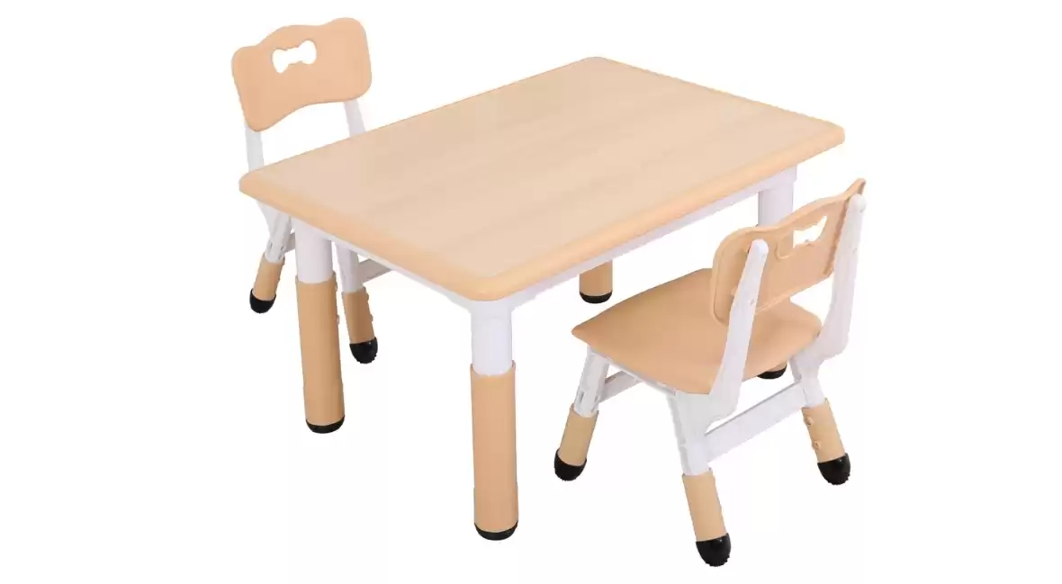 UNICOO Kids Study Table and Chairs Set, Height Adjustable Plastic Children Art Desk with 2 Seats, Multi Activity Table Set (Maple TOP with Natural Border) BY-60-MN