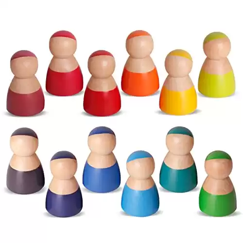 SHIERDU 12 PCS Rainbow Wood Peg Dolls Wooden Pretend Play People Figures for Toddlers Preschool Learning Educational Toys Wooden Toddler Toys for Boys Girls