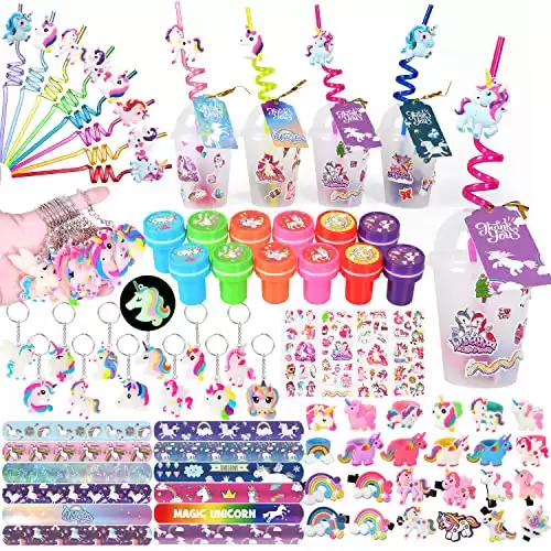 MOVINPE Unicorn Party Favors Personalize Goody Cups with Gift Tags, Filled with Unicorn Themed Reusable Straws Stampers Luminous Keychains Slap Bracelets Hair Clips Rings 3D Stickers