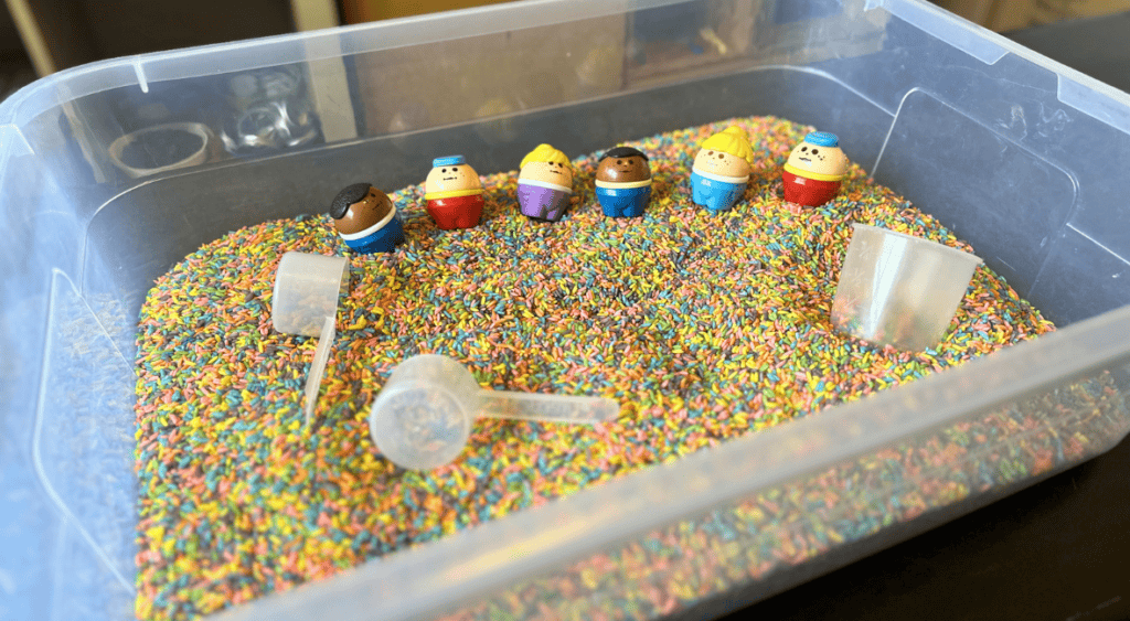colored rice sensory bin
