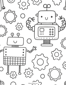 coloring page for kids with robots