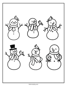 winter snowmen and bird coloring page