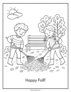 kids raking leaves coloring page